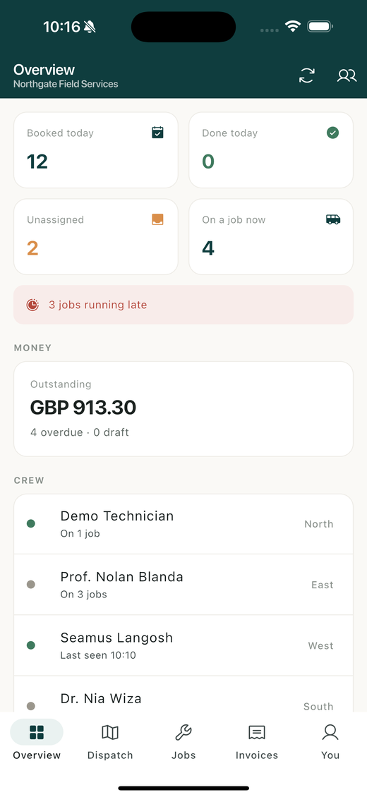 The Lumina app showing the day’s numbers, money outstanding and where the crew are