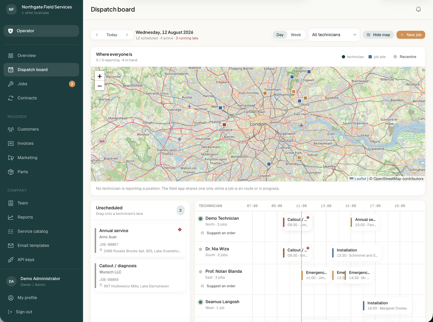 Live map of technicians and today's jobs