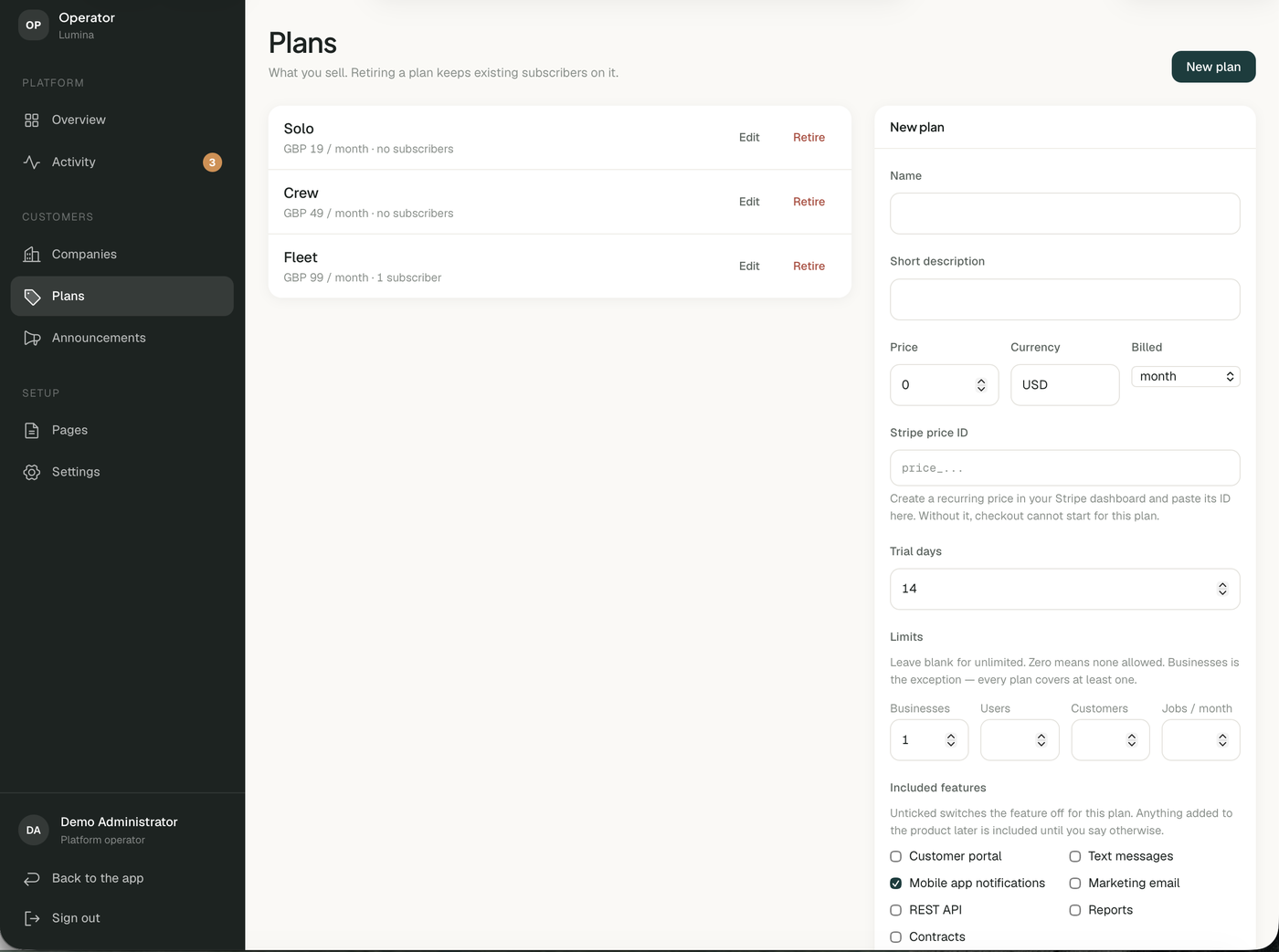 Plan editor with price, trial length, limits and feature switches