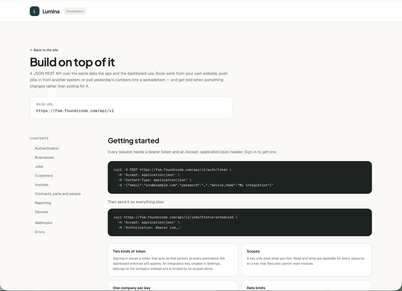 The public API reference that ships with the product