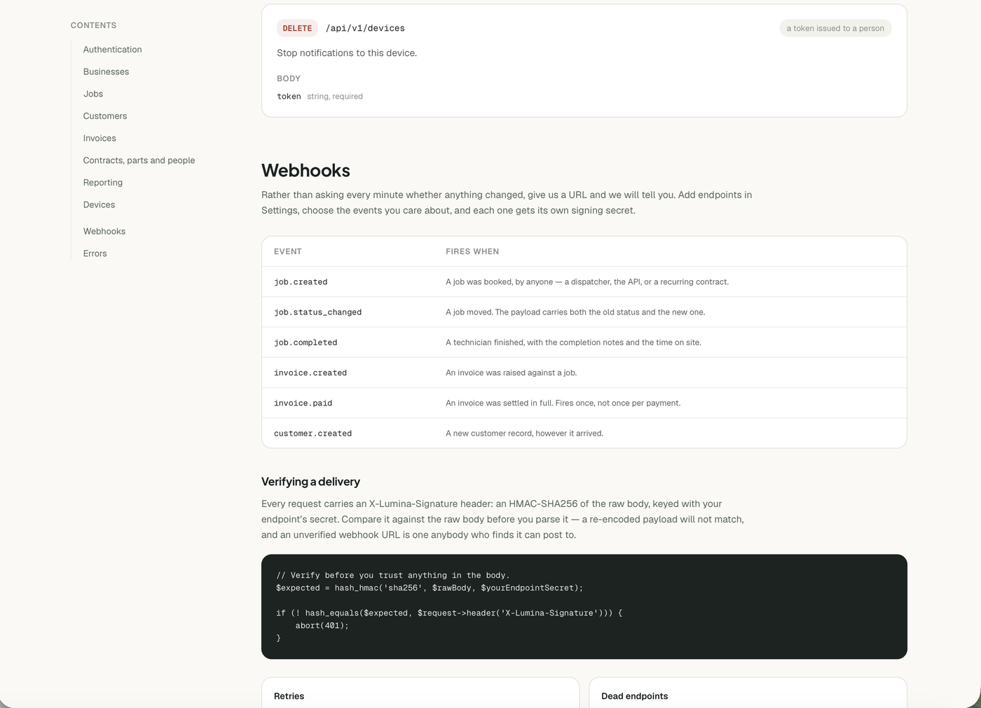 Webhook events, signature verification and retry behavior